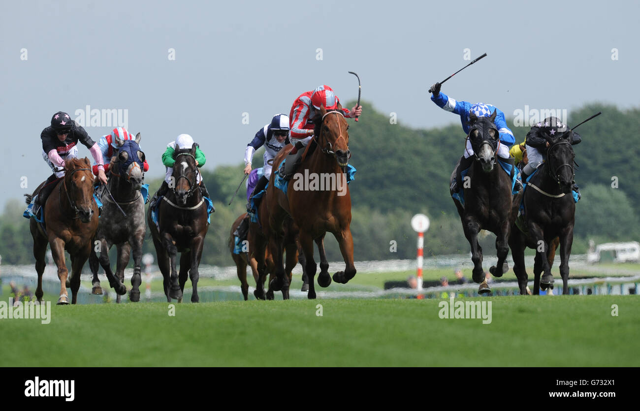 Steps ridden by Kieren Fallon (second right, blue silks) beats Eton Rifles ridden by Pat Smullen (red silks) to win the Winning Express Achilles Stakes during the Sandy Lane Stakes day at Haydock Park Racecourse. Stock Photo