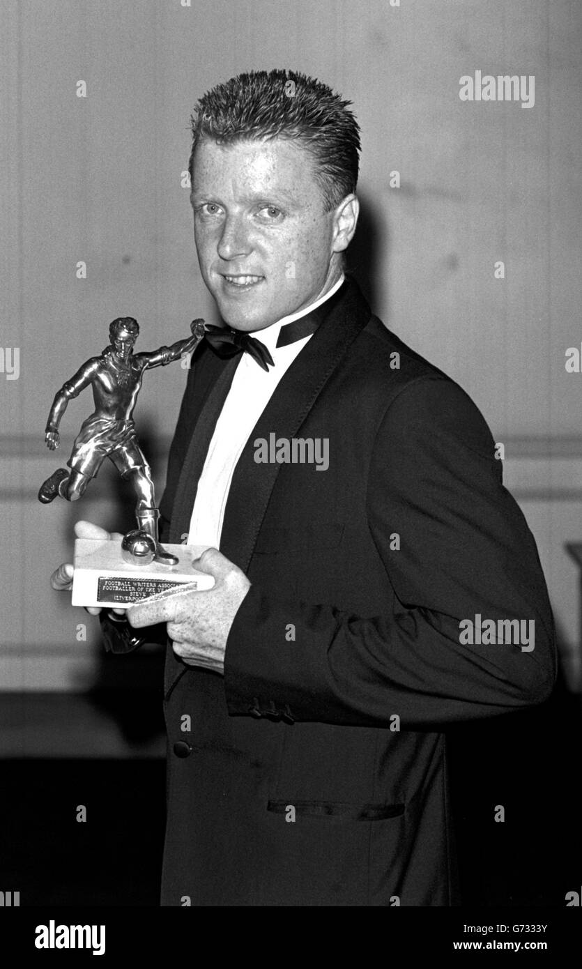 Liverpool's Steve Nicol, collects the Football Writers' Footballer of the Year trophy in London. Stock Photo