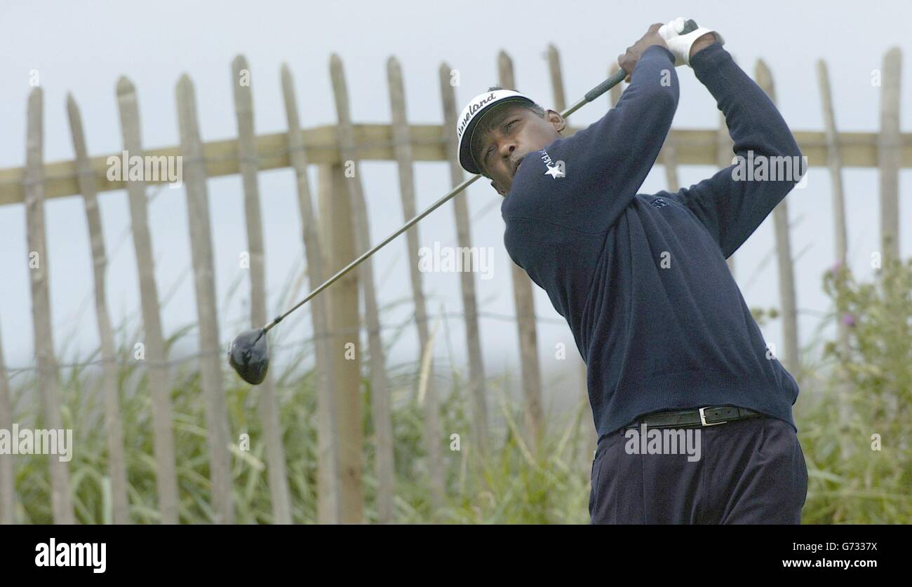 Fiji's Vijay Singh tees off the 2nd hole, during a practice round for the 133rd Open Championship at the Royal Troon Golf Club, Scotland. . NO MOBILE PHONE USE Stock Photo