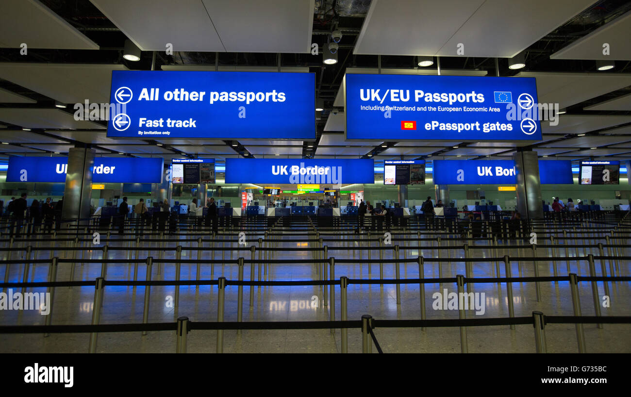 Passengers pass through the Border controls of the new Terminal 2 The Queen Terminal at Heathrow Airport, which opened for the first time to the public. Stock Photo