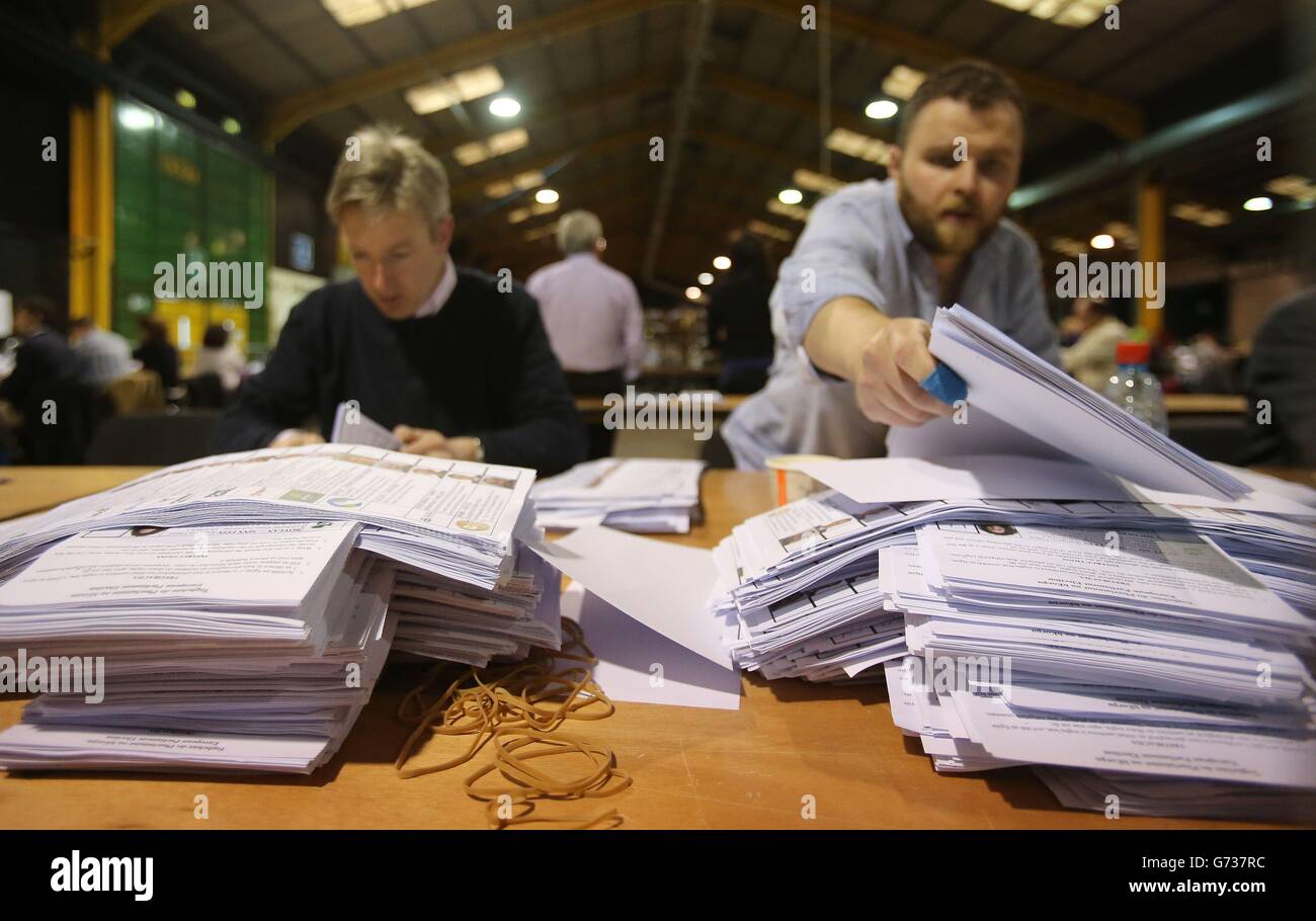 Counting begins at the European Parliamentary elections at the RDS in Dublin. Stock Photo
