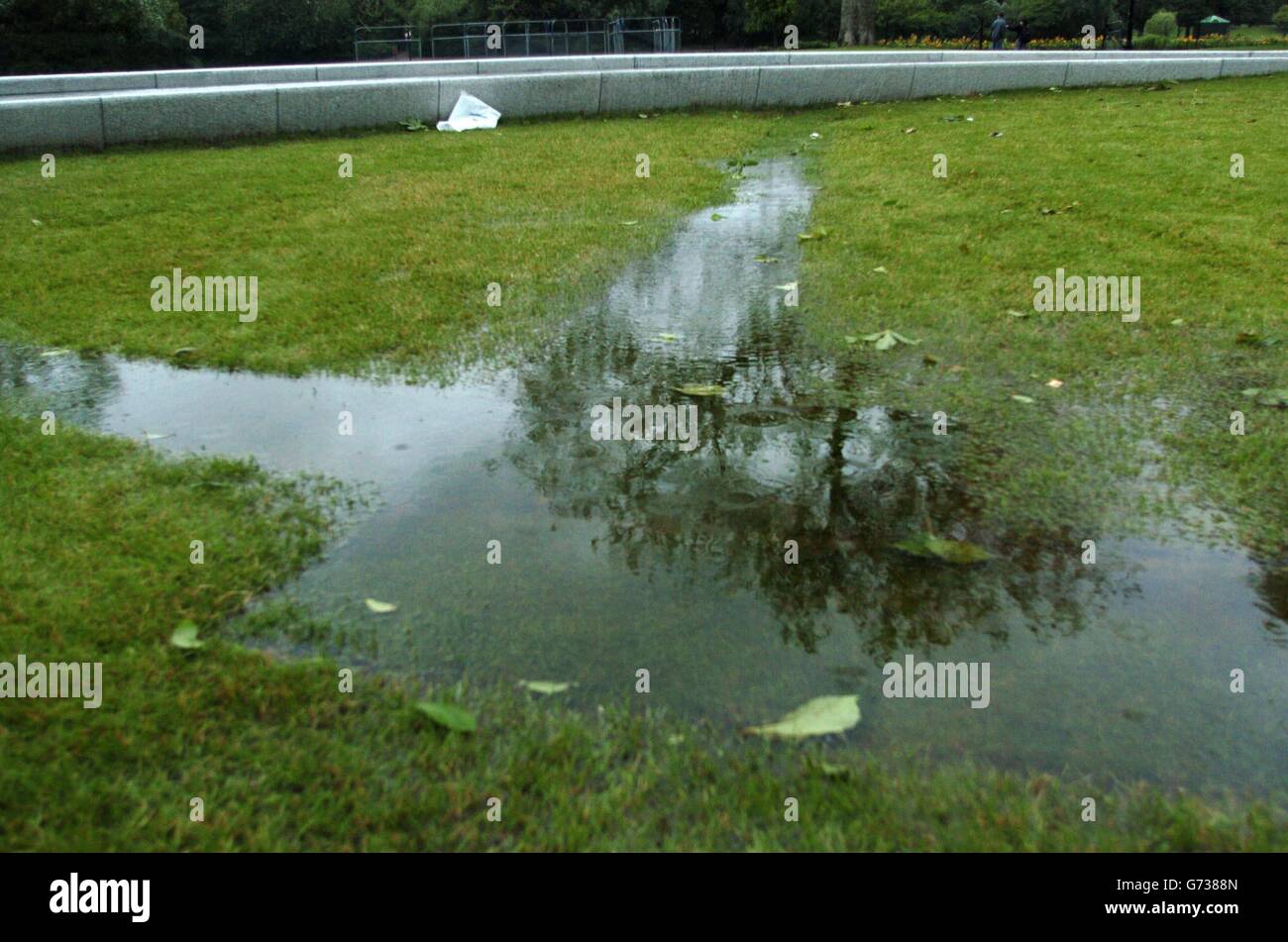 The Princess Diana Memorial Fountain, after it flooded the day after it was officially opened by the Queen. Stock Photo