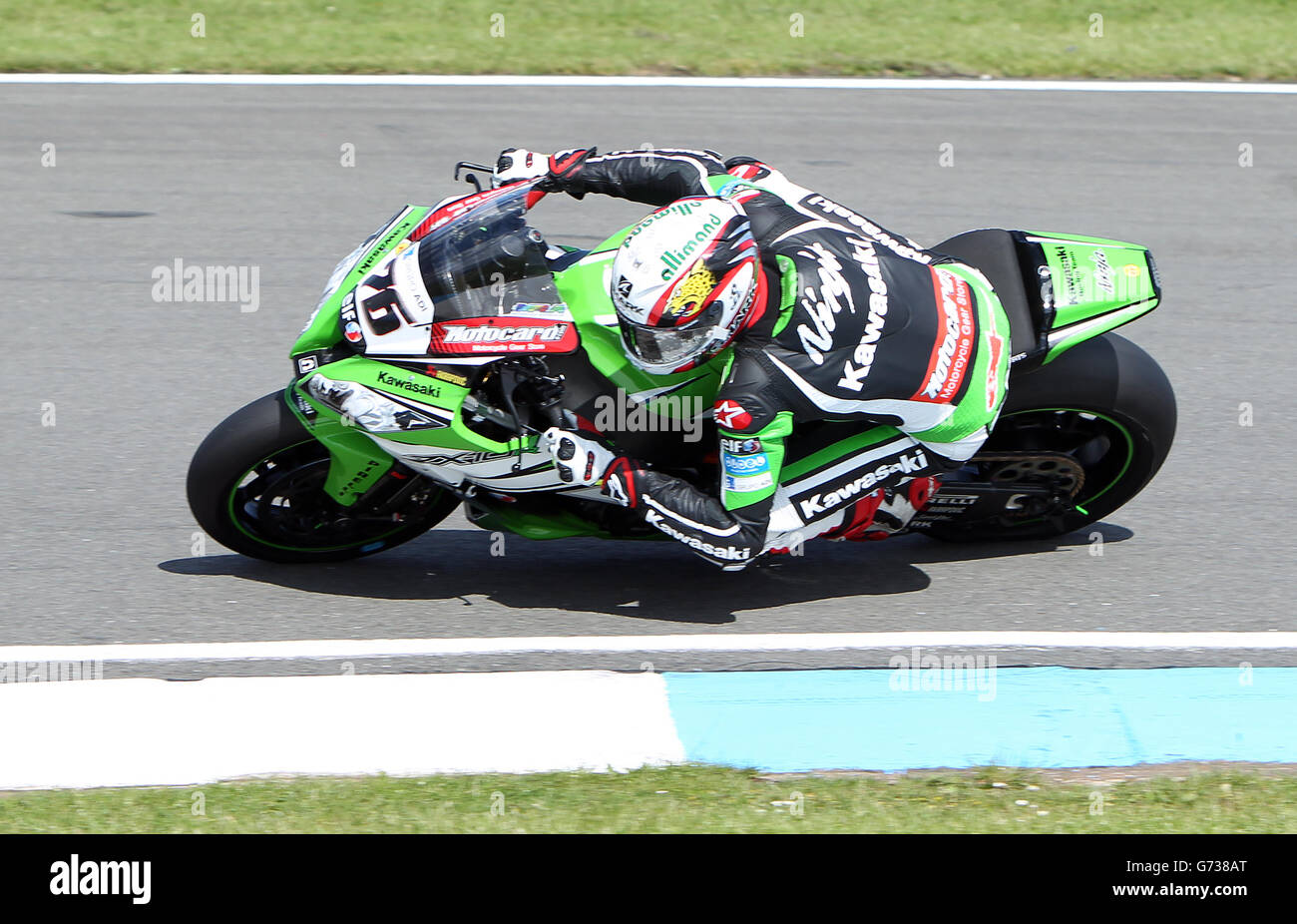 Motor Racing - Superbike FIM World Championship - Round Five - Race Day - Donington Park. Kawasaki ZX-10R's Loris Baz during race two of round 5 of the Superbikes FIM World Championship at Donington Park, Donington. Stock Photo