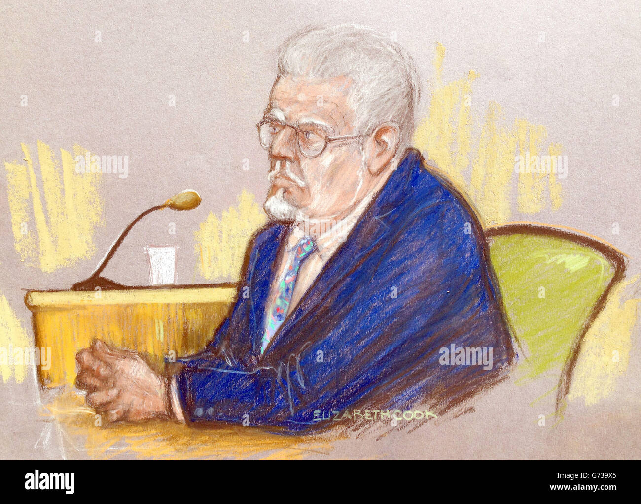 Court artist sketch by Elizabeth Cook of Rolf Harris as he answers questions during his cross-examination by prosecutor Sasha Wass QC at Southwark Crown Court, London where he denies 12 counts of indecent assault between 1968 and 1986. Stock Photo