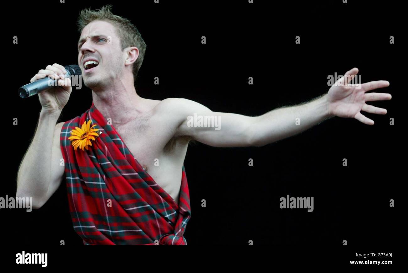 Jake Shears from The Scissor Sisters on the main stage during the second day of T in the Park, the two-day music festival event in Balado near Stirling. Stock Photo