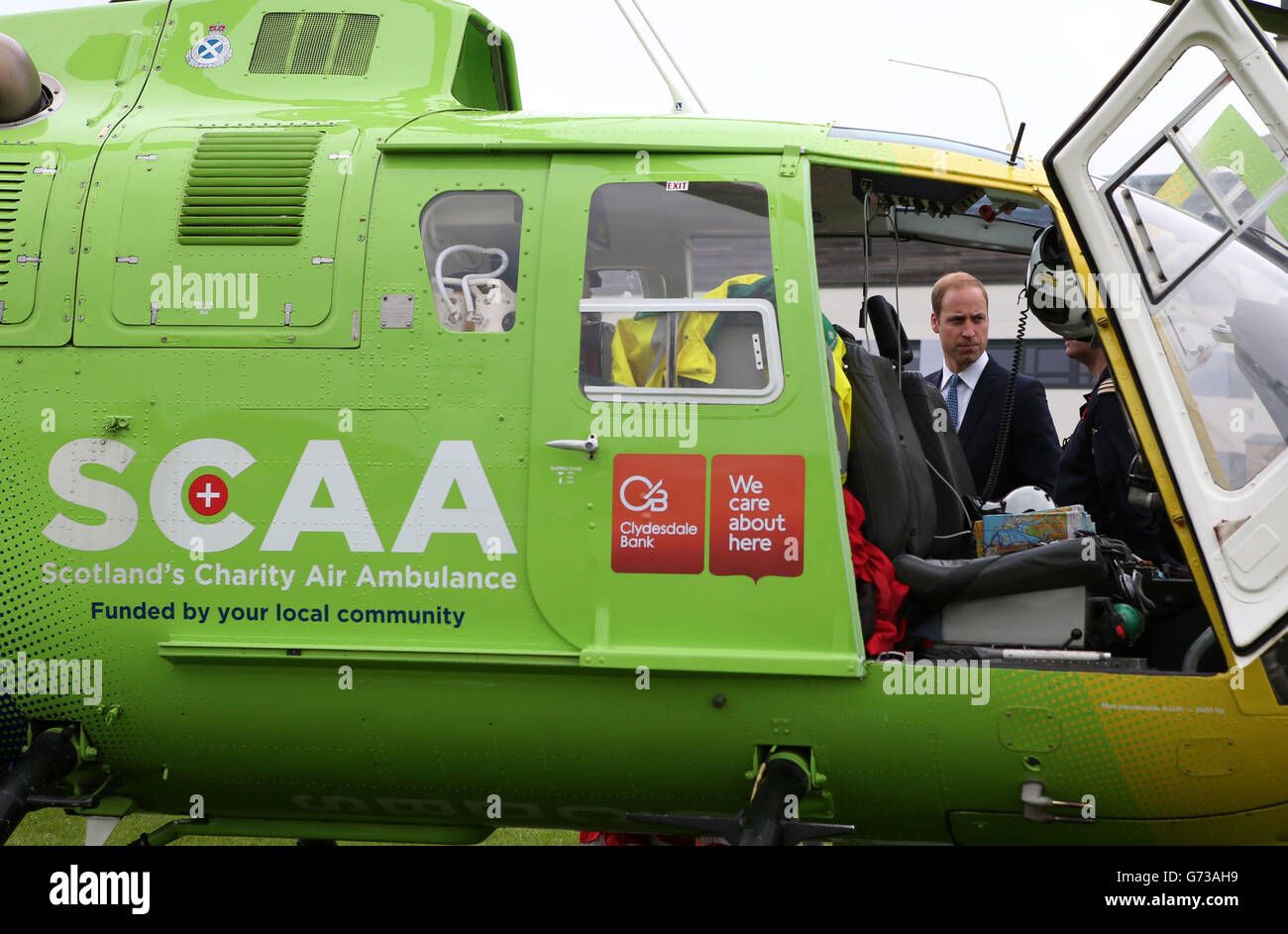 The Earl of Strathearn talks to Air Ambulance staff during a visit to Strathearn Community Campus, Crieff. Stock Photo