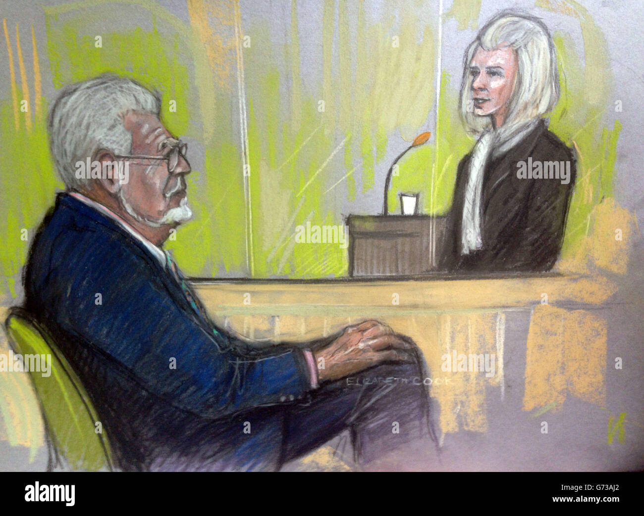 Court artist sketch by Elizabeth Cook of Lonneke Broadribb giving evidence as Rolf Harris looks on, during the trial of the veteran entertainer at Southwark Crown Court, London where he denies 12 counts of indecent assault between 1968 and 1986. Stock Photo