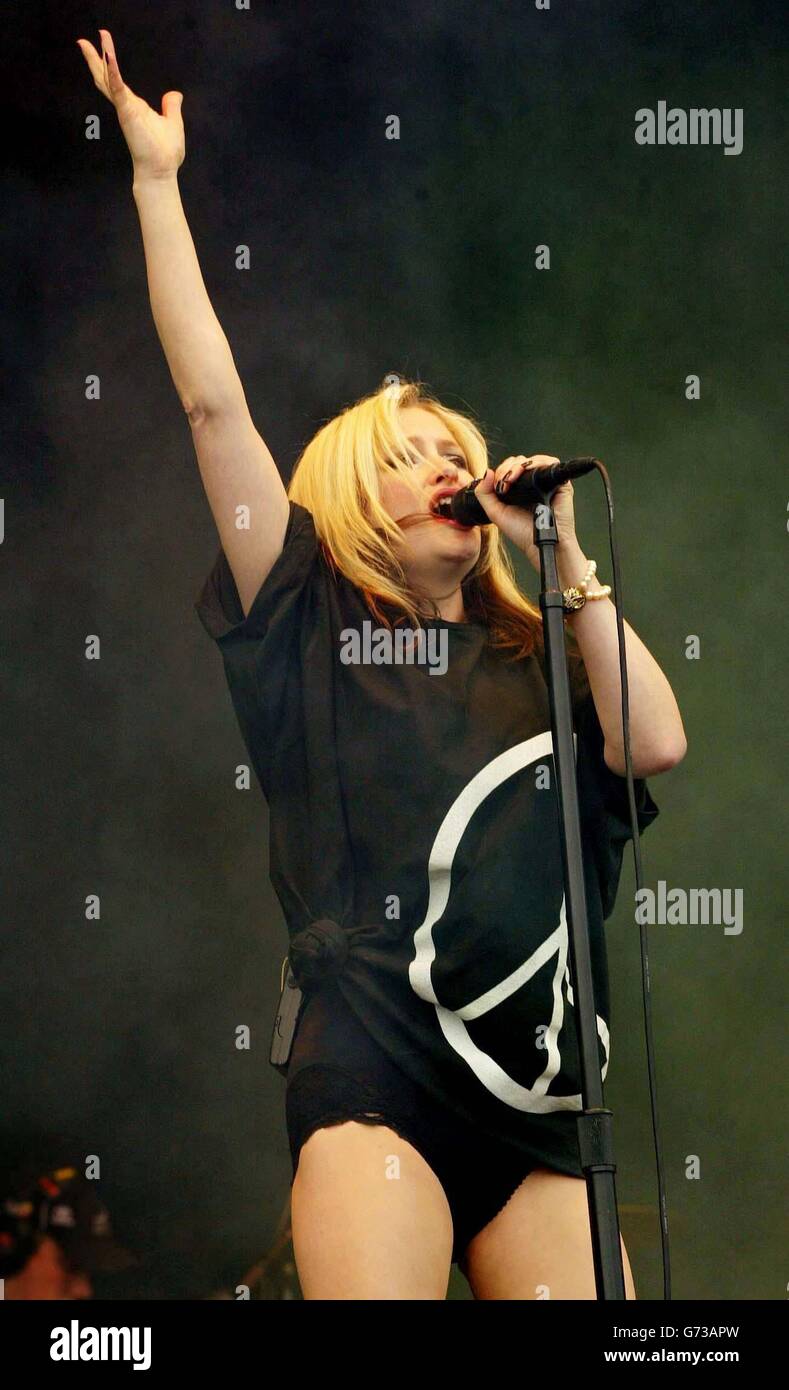 Alison Goldfrapp performs on the NME stage during the second day of T in the Park, the two-day music festival event in Balado near Stirling. Stock Photo