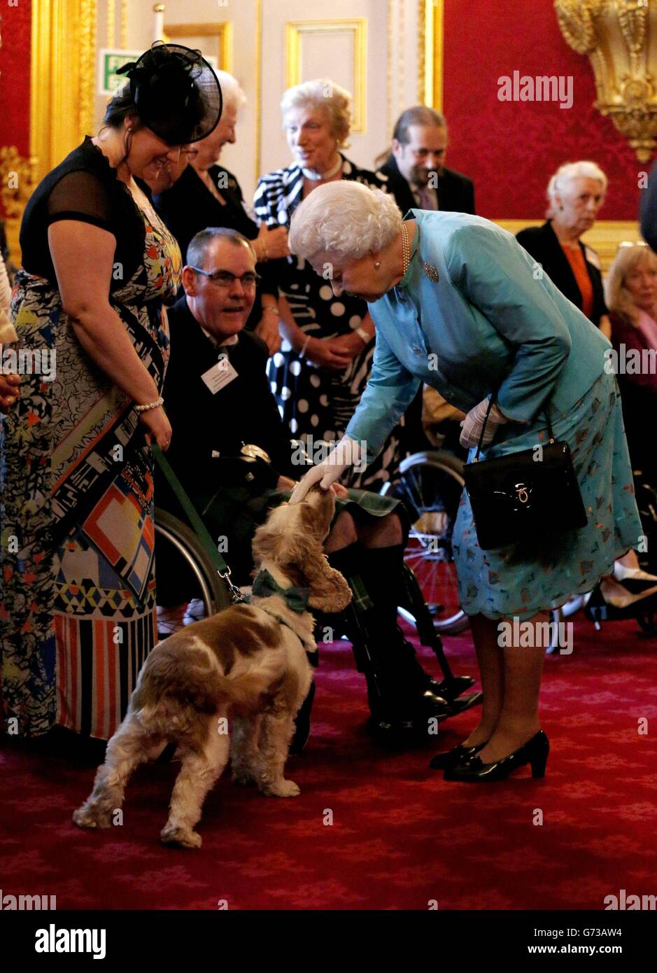 Queen Elizabeth II pets Harris, a PAT dog, during a reception for Leonard Cheshire Disability in the State Rooms, St James's Palace, London. Stock Photo