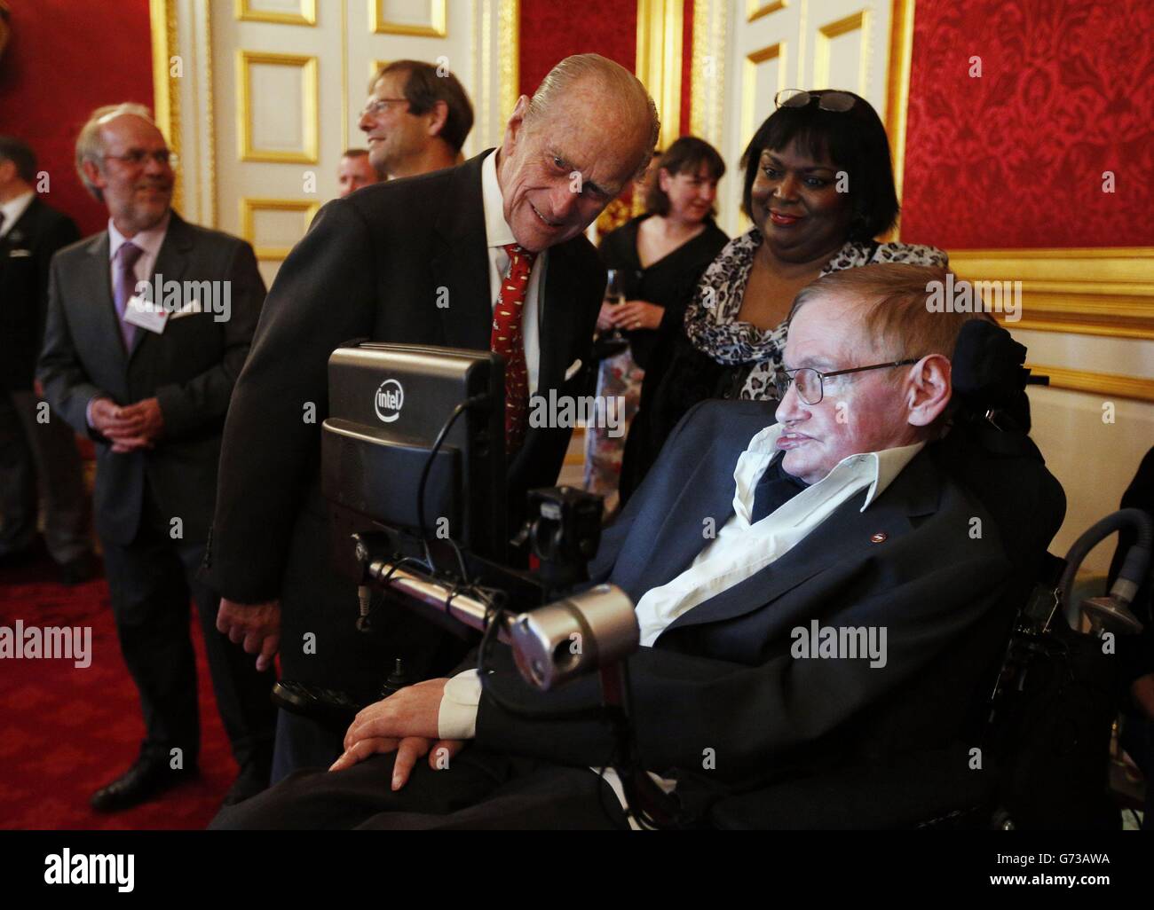 The Duke of Edinburgh greets Professor Stephen Hawking during a reception for Leonard Cheshire Disability in the State Rooms, St James's Palace, London. Stock Photo