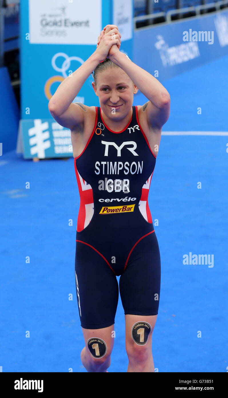 Great Britain's Jodie Stimpson acknowledges the crowd after finishing 11th in the Womes's Elite Race during the PruHealth World Triathlon in London. Stock Photo