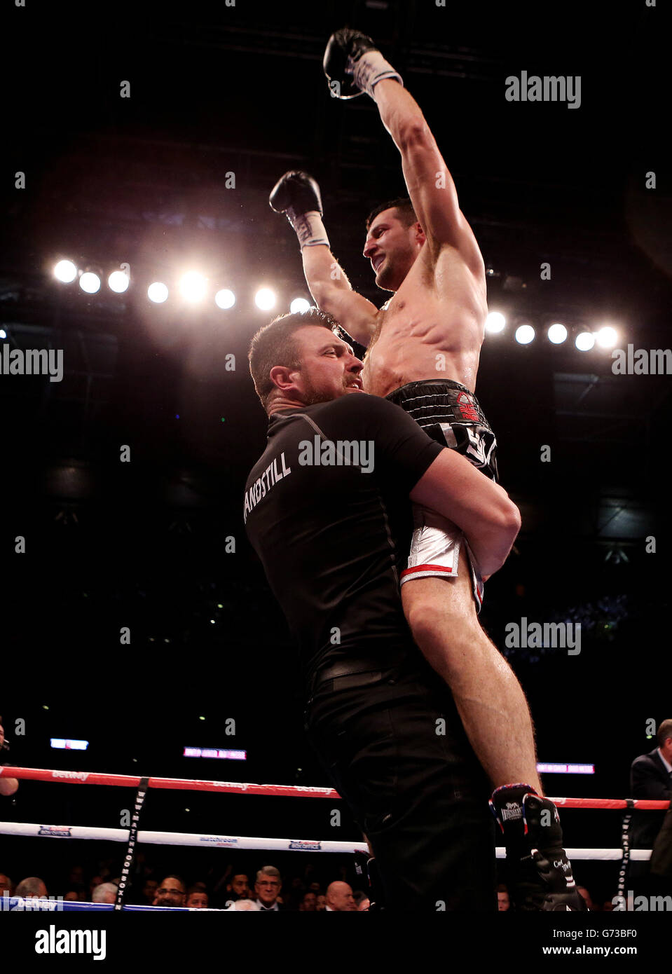 Carl Froch Celebrates Defeating George Groves During The IBF And WBA 