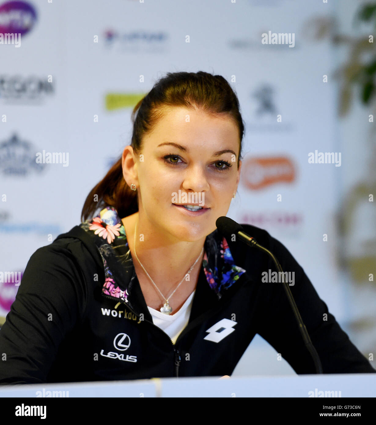 EDITORIAL USE ONLY - Agnieszka Radwanska from Poland speaking at a press conference during The Aegon International Tournament at Devonshire Park, Eastbourne, Southern England. June 20, 2016. Simon  Dack / Telephoto Images Stock Photo