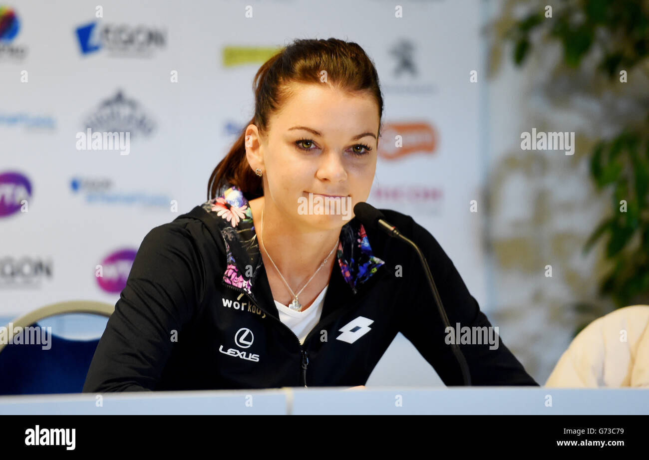 Agnieszka Radwanska from Poland speaking at a press conference during The Aegon International Tournament at Devonshire Park, Eastbourne, Southern England. June 20, 2016. Simon  Dack / Telephoto Images Stock Photo