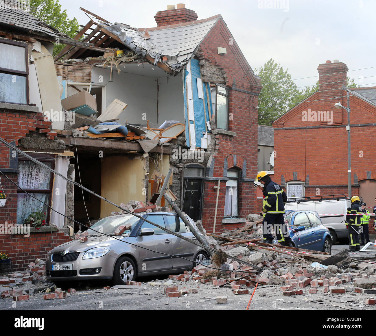 Emergency services at the scene in a suspected gas explosion on Sullivan Street, near Infirmary Road north inner city Dublin. Stock Photo