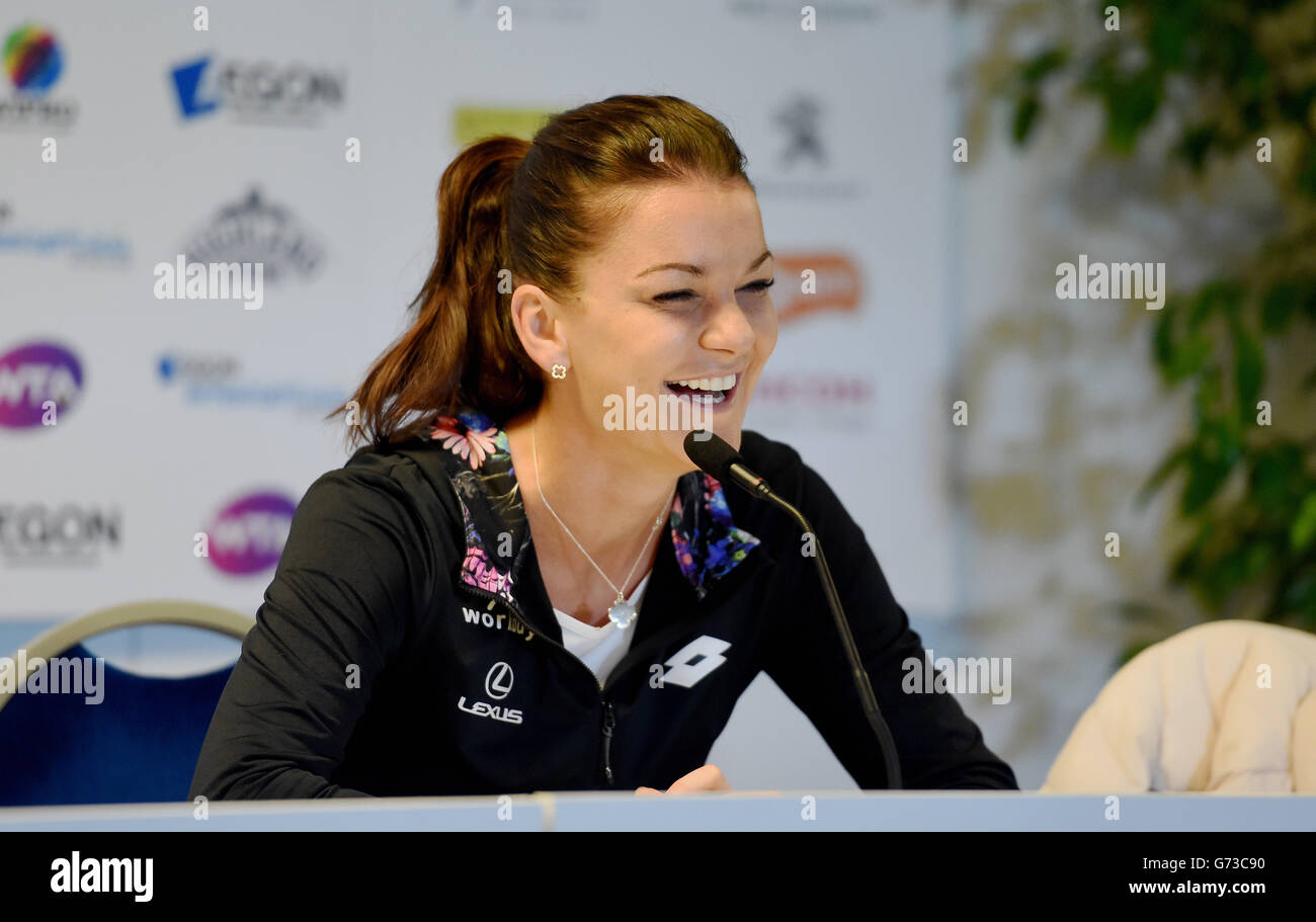 Agnieszka Radwanska from Poland speaking at a press conference during The Aegon International Tournament at Devonshire Park, Eastbourne, Southern England. June 20, 2016. Simon  Dack / Telephoto Images Stock Photo
