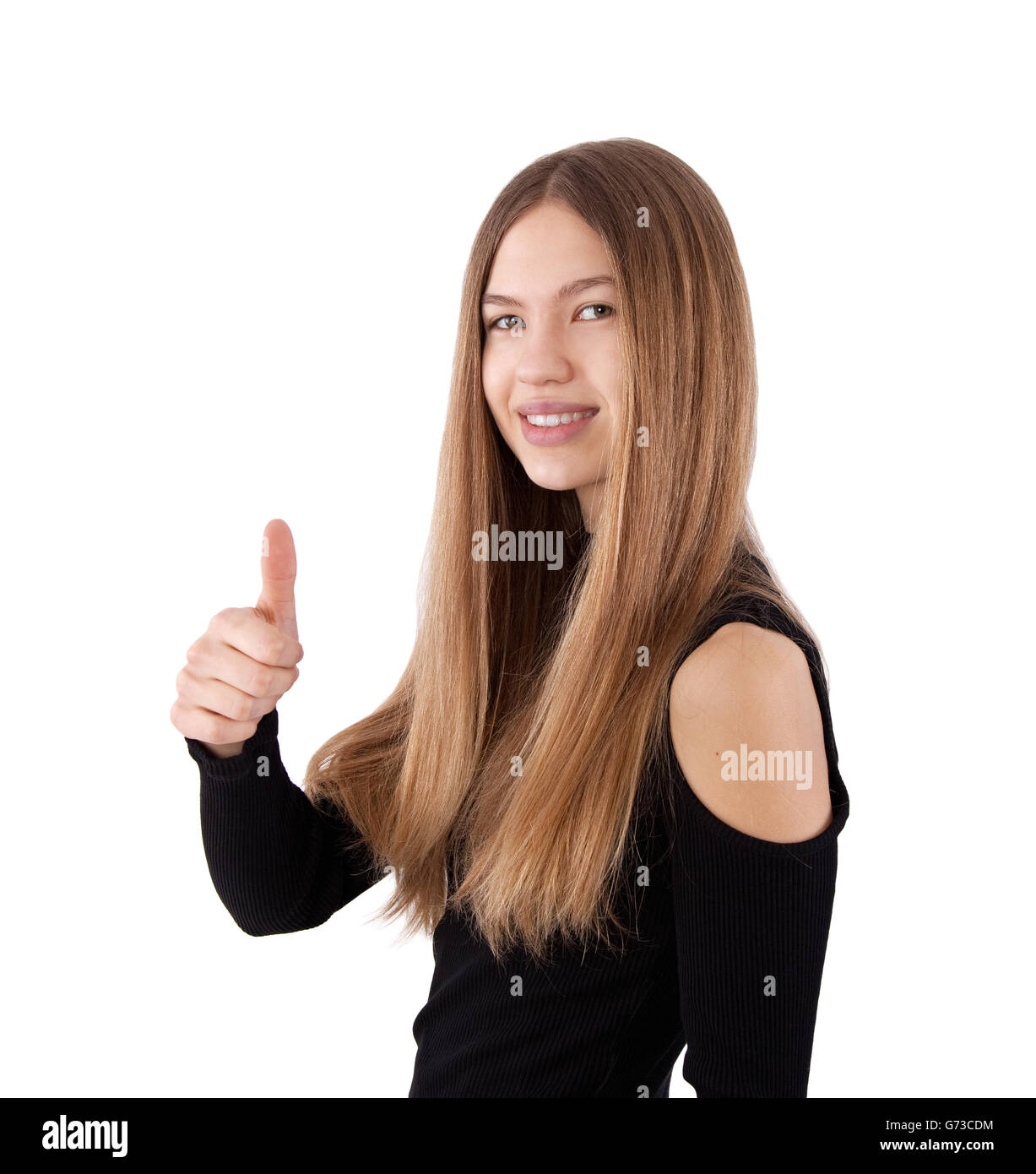 teenage girl showing thumb up isolated on white Stock Photo
