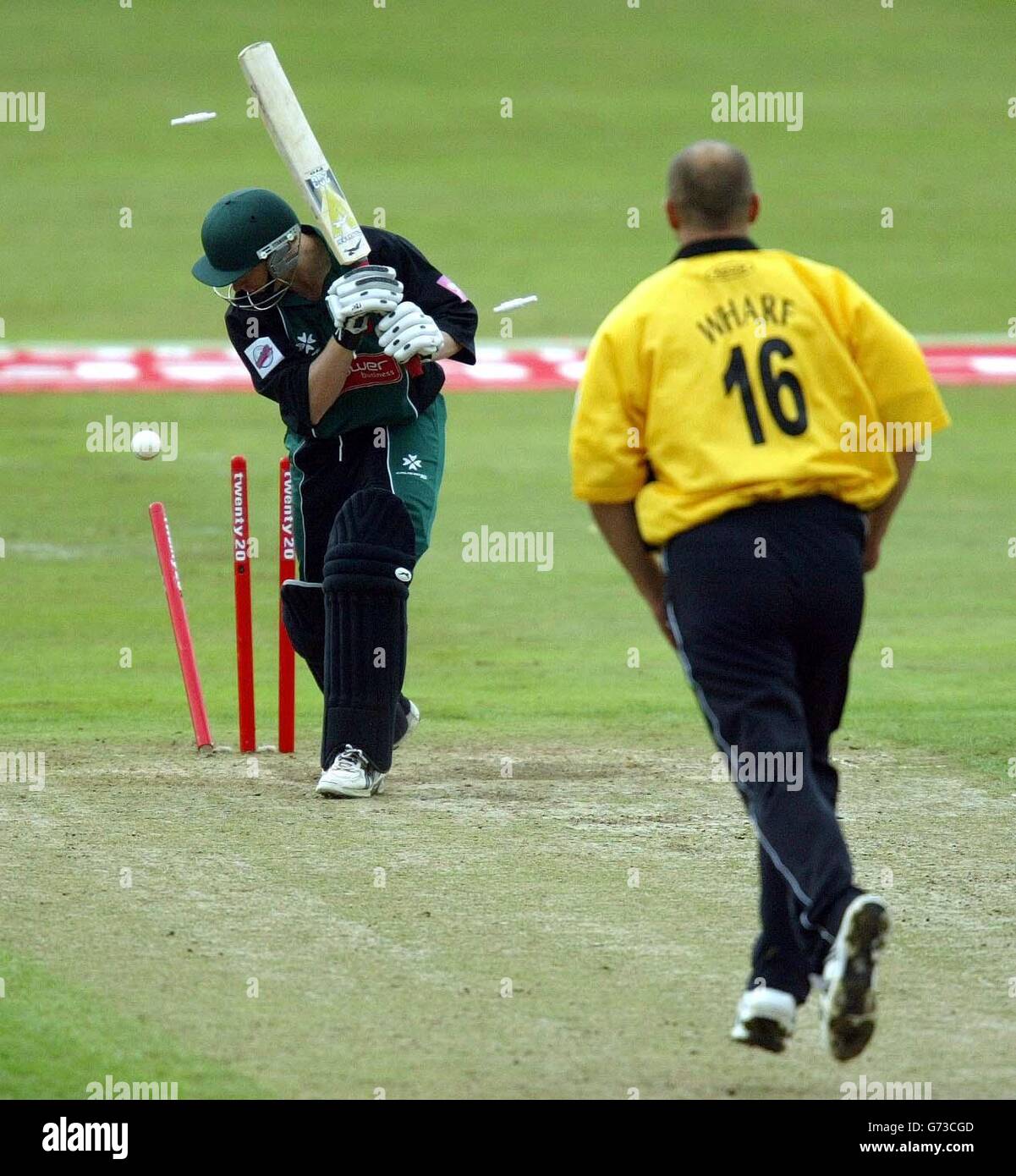 Worcestershire's Gareth Batty is bowled by Glamorgan's Alex Wharf for 1 during the Twenty 20 Cup match at New Road, Worcester. Stock Photo