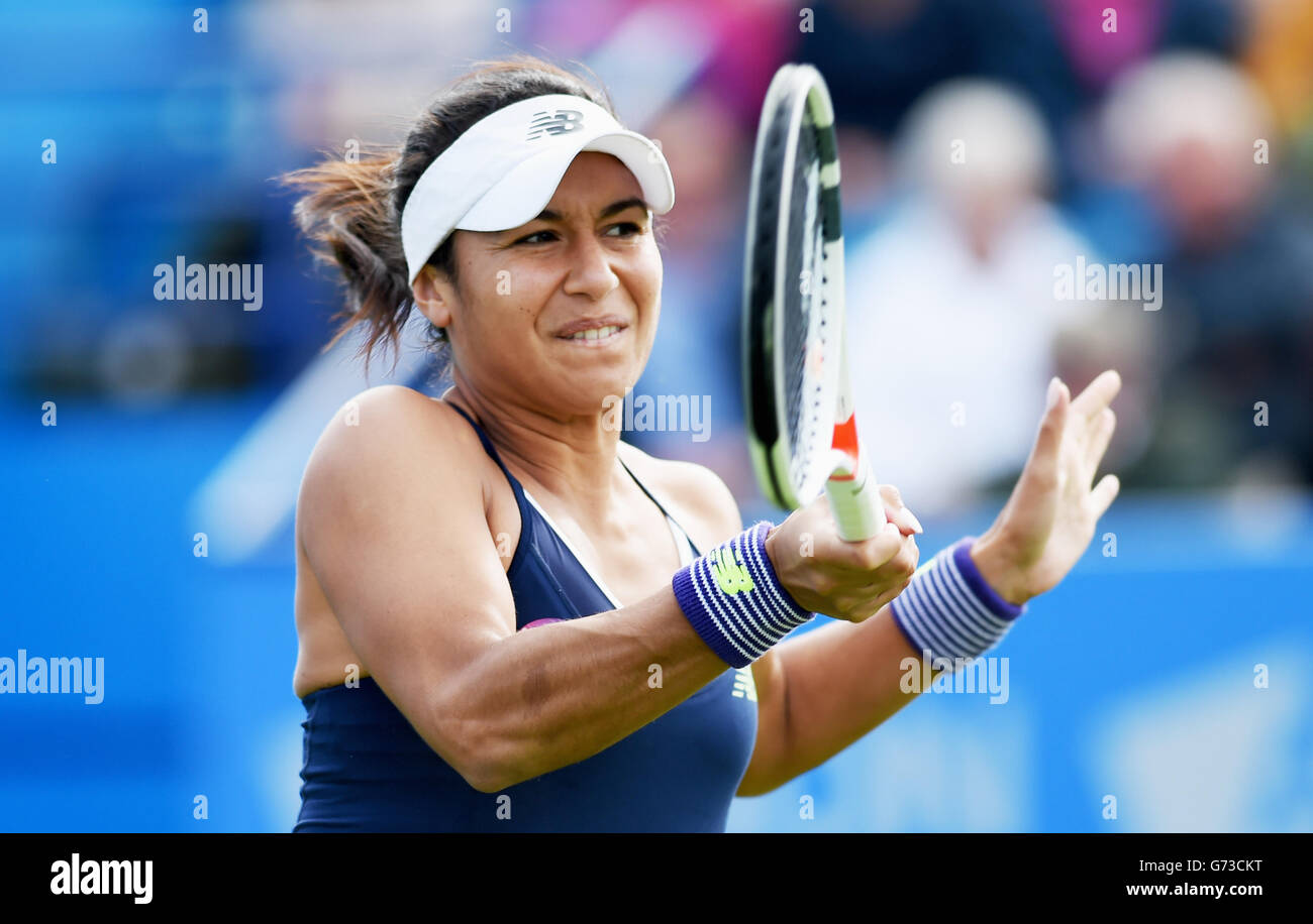 EDITORIAL USE ONLY Britain's Heather Watson plays a shot against Elena Vesnina of Russia in their first round match during The Aegon International Tournament at Devonshire Park, Eastbourne, Southern England. June 20, 2016. Simon  Dack / Telephoto Images Stock Photo