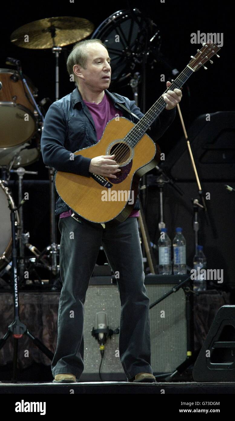 US folk-rock duo Paul Simon and Art Garfunkel (not pictured) perform live in concert at Hyde Park in central London their second of two UK gigs, and the first for twenty years. Stock Photo