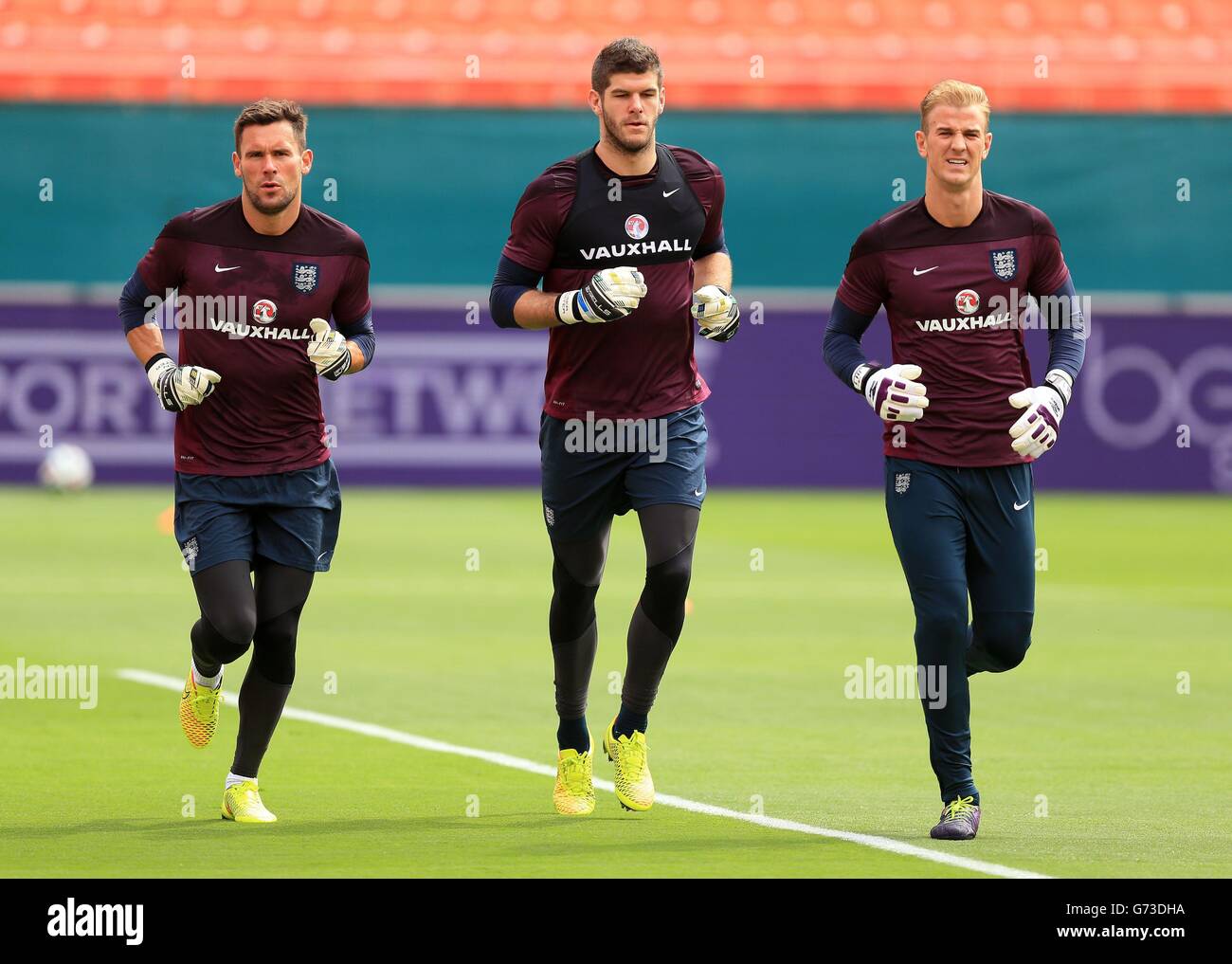 England goalkeepers (left to right) Ben Foster, Fraser Forster and Joe Hart during a training session at the Sun Life Stadium in Miami, USA. Stock Photo