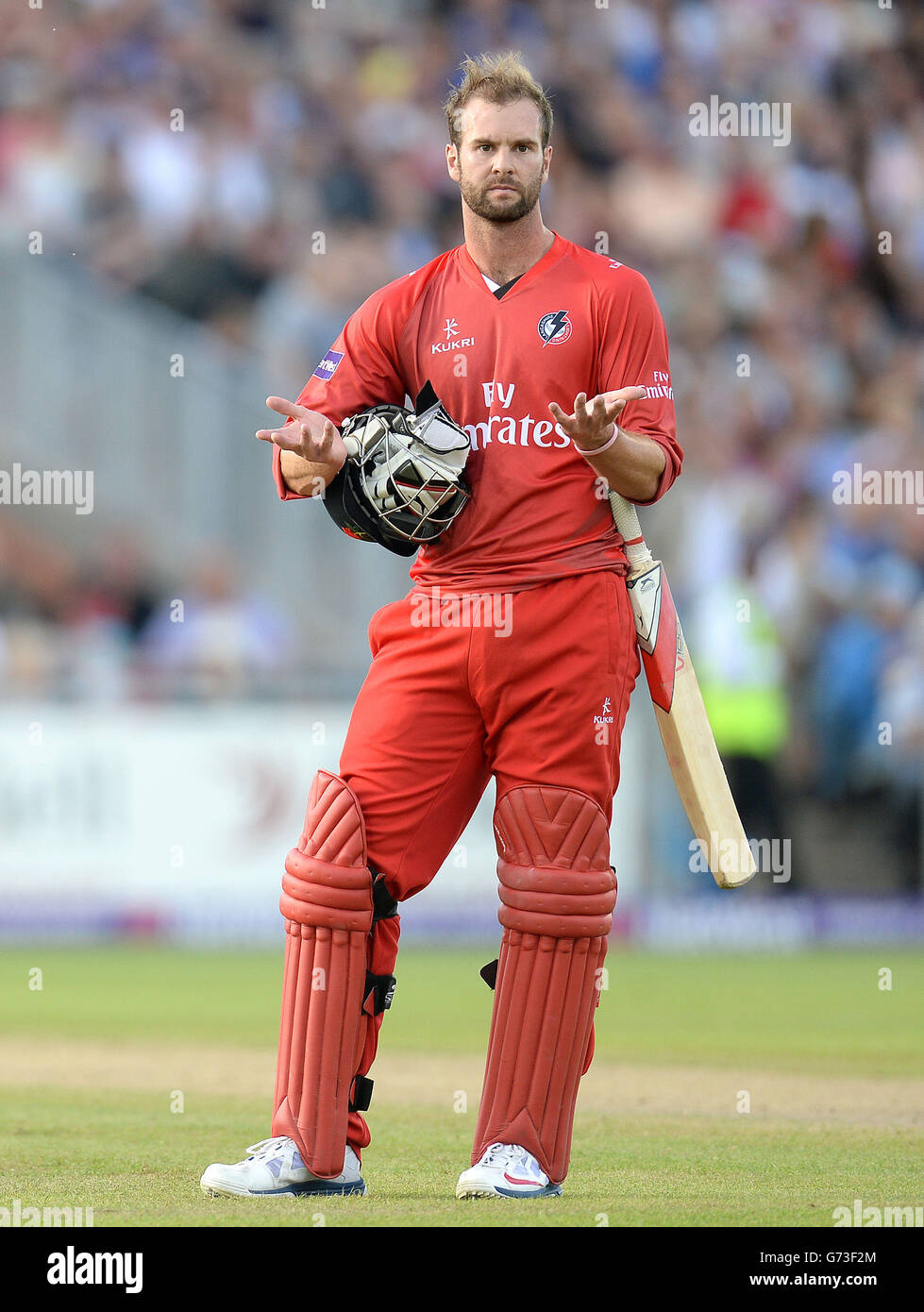Lancashire Lightning's Tom Smith waits for the 3rd umpires verdict after being caught out by Yorkshire Vikings Aaron Finch after Adam Lyth threw the ball back while falling over the boundary rope, during the NatWest T20 Blast match at Emirates Old Trafford, Manchester. Stock Photo