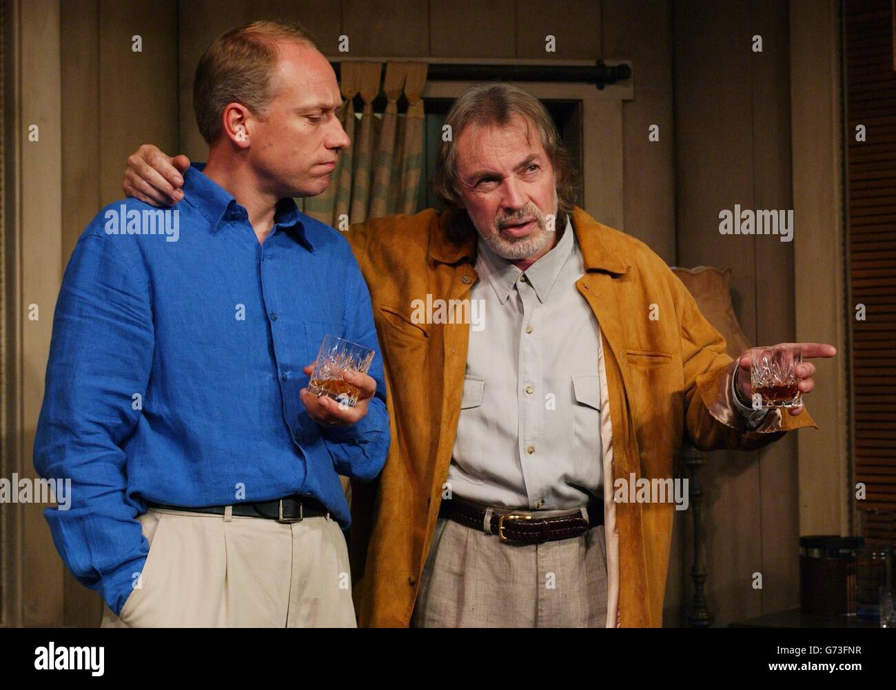 Actors Rupert Wickham (left) as Gerardo Escobar, and Leigh Lawson as Dr Roberto Miranda, during a photocall for the play 'Death and The Maiden', by Ariel Dorfman, at The King's Head Theatre in Islington, north London. Stock Photo