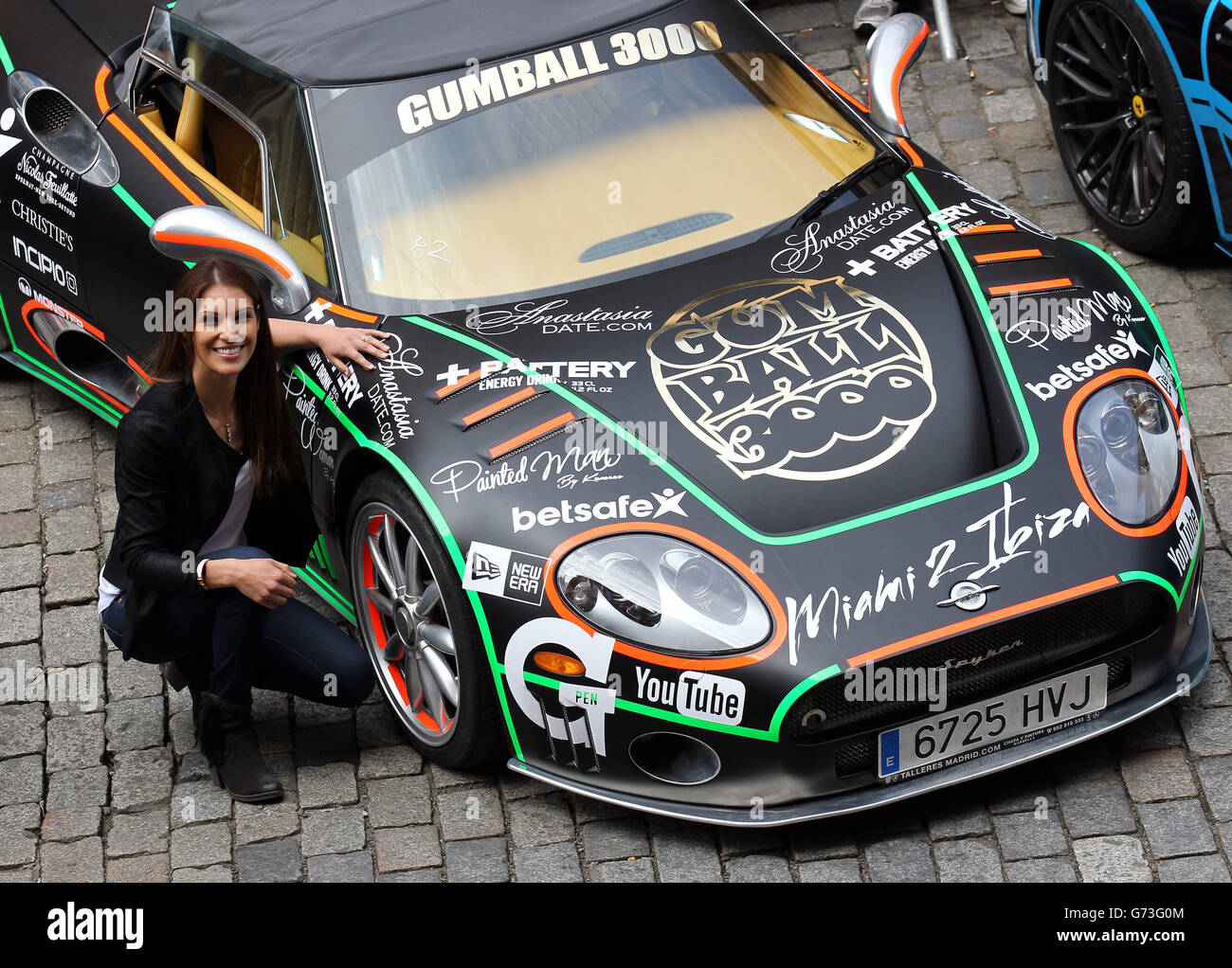 Former Miss Scotland Nicola Wood attends a photocall as supercars assembled outside The Rutland Hotel, Edinburgh, as Gumball 3000 rally drivers display their vehicles in celebration of the event's first trip to the city. Stock Photo