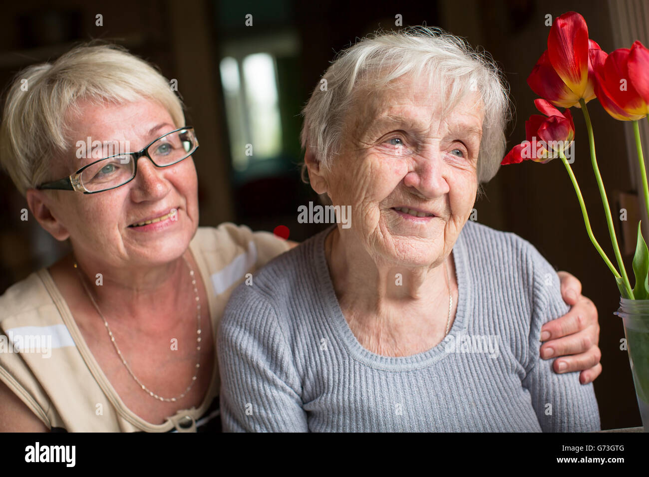 Mature woman and her old mother Stock Photo