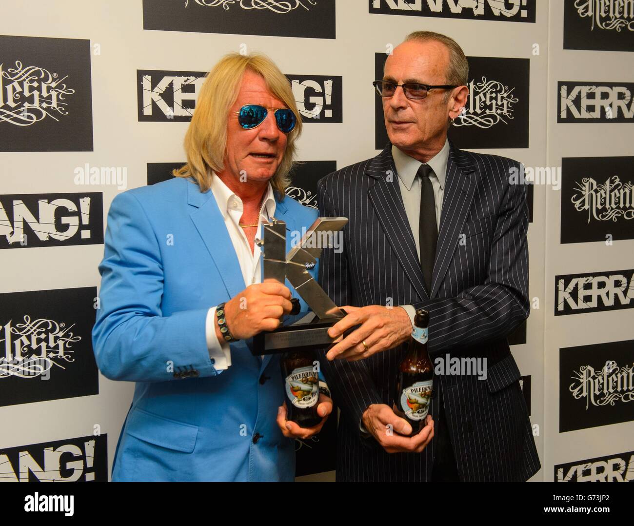 Winners of the Kerrang! Service to Rock award Status Quo in the press room at the Kerrang Awards, at the Troxy, in east London. Stock Photo