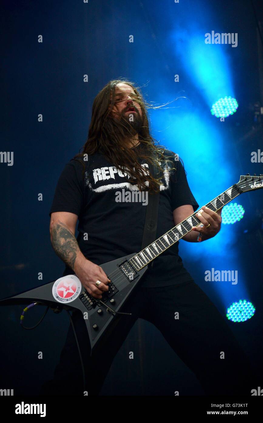 Download Festival 2014 - Day Three - Donington Park. Andreas Kisser of Sepultura performs during day three of the 2014 Download Festival at Donington Park. Stock Photo