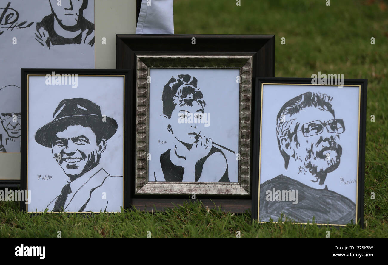 Drawings on sale during the annual Sinn Fein Wolfe Tone commemoration at Bodenstown, County Kildare. Stock Photo