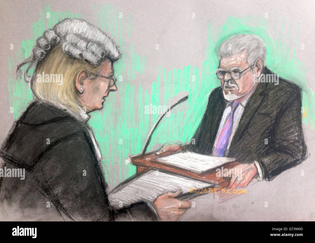 Court artist drawing by Elizabeth Cook of Rolf Harris in the dock at Southwark Crown Court, London, where he faces charges of alleged indecent assaults on under-age girls. Stock Photo