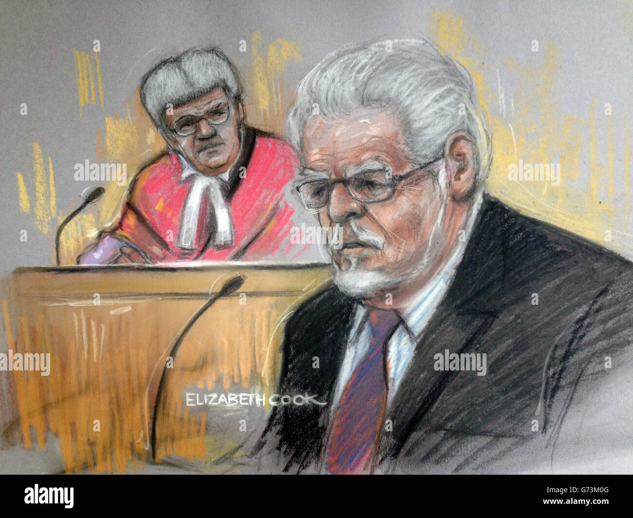 Court artist drawing by Elizabeth Cook of Rolf Harris in the dock at Southwark Crown Court, London, where he faces charges of alleged indecent assaults on under-age girls. Stock Photo