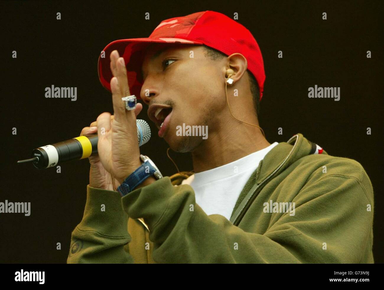 Lead singer Pharrell Williams of NERD on the NME stage during the second day of T in the Park, the two-day music festival event in Balado near Stirling. Stock Photo