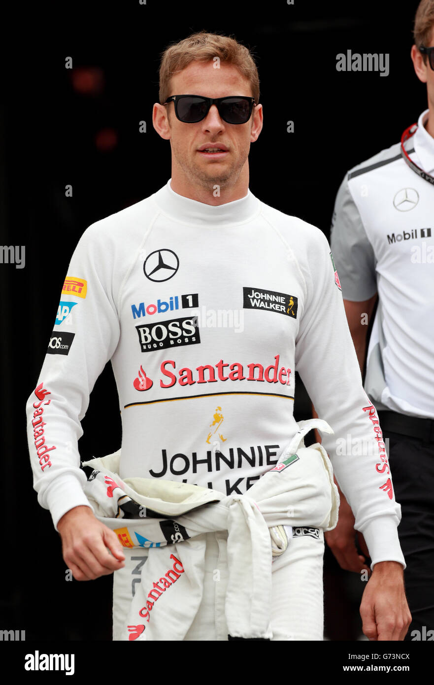 McLaren's Jenson Button during practice for the 2014 Monaco Grand Prix at the Circuit de Monaco, Monte Carlo. Stock Photo