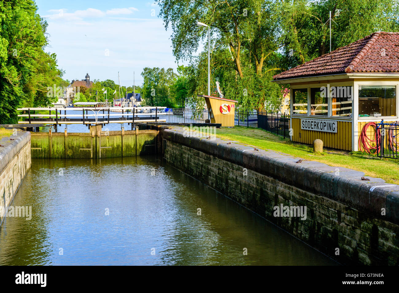 Soderkoping, Sweden - June 19, 2016: Gota canal at Soderkoping, Sweden. Closed canal lock with part of town and boats in the bac Stock Photo