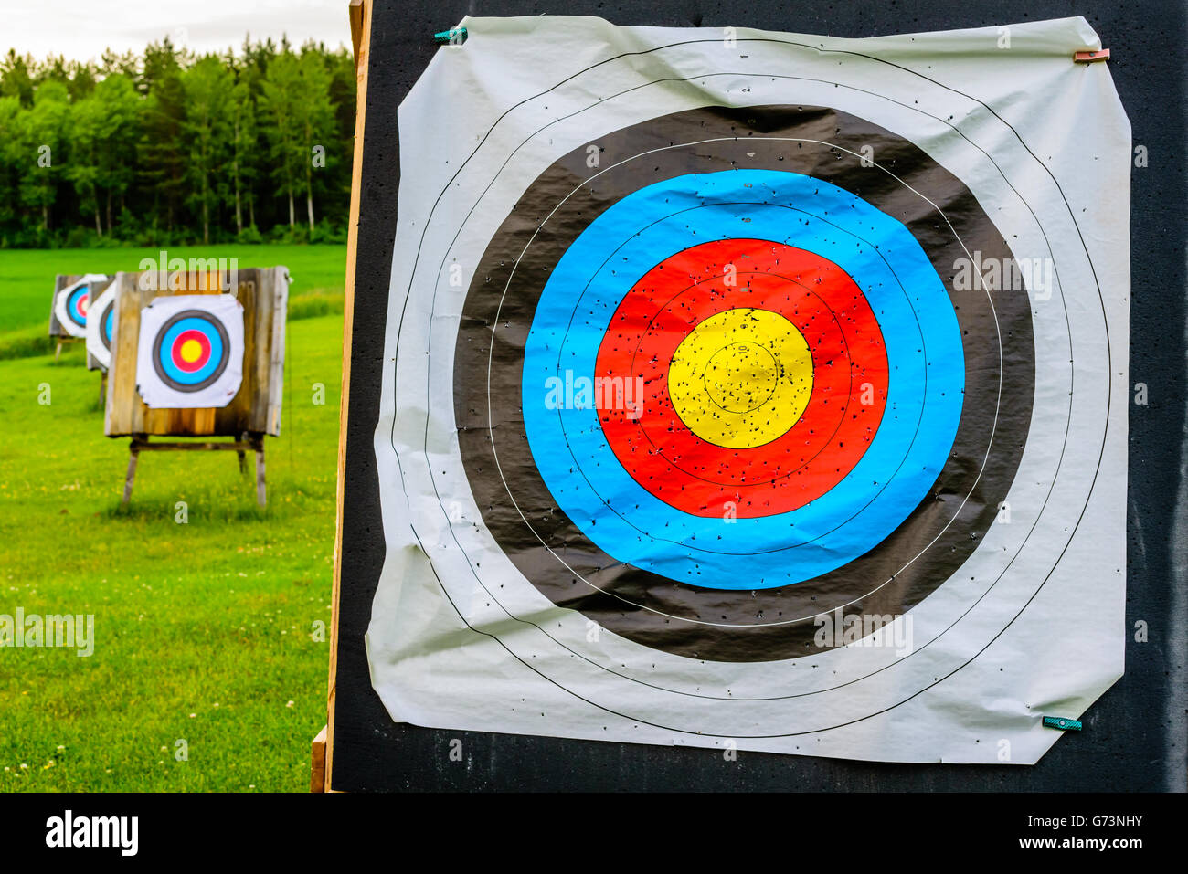 Outdoor archery targets on grass field surrounded by forest in the