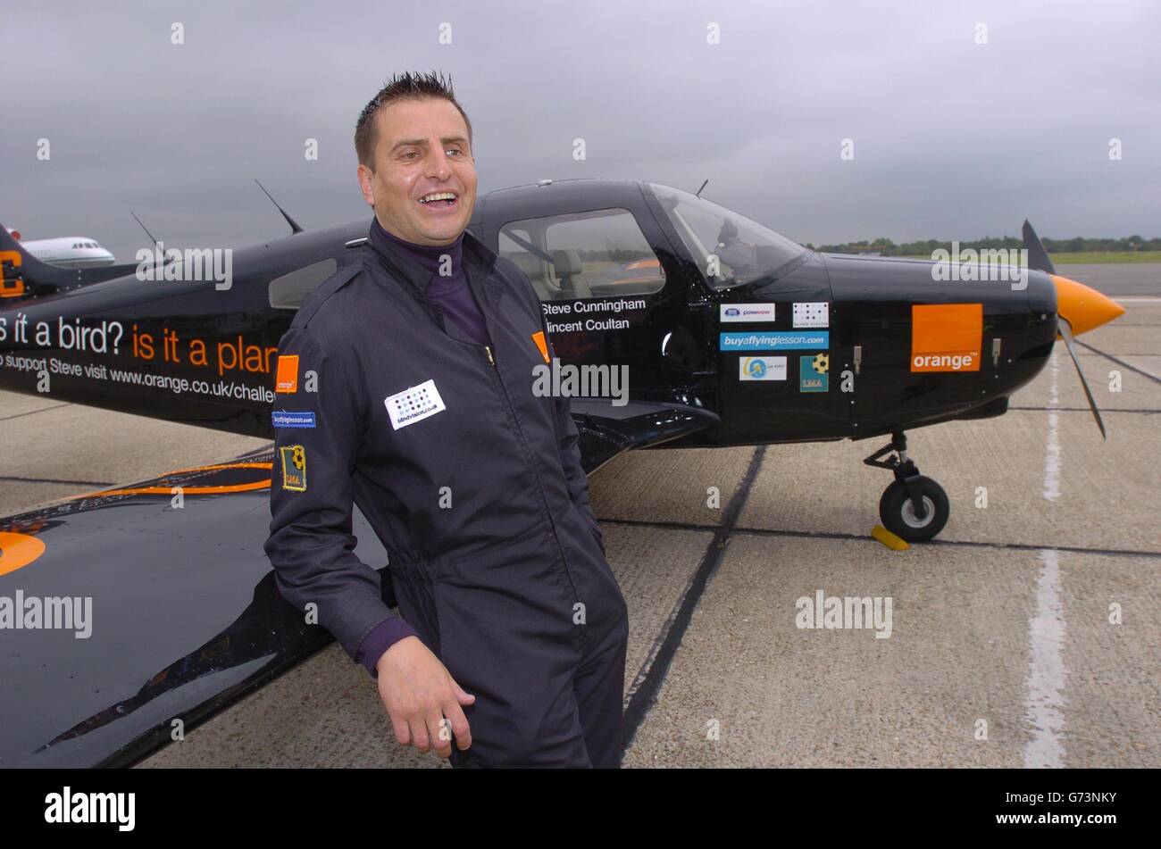 A daredevil sportsman who lost his sight at the age of 12 took to the skies today in a bid to become the first blind person to fly a plane around the UK. Blind Pilot Steve Cunningham seated in a Piper Warrior at Biggin Hill Airport on the first leg (to Newcastle) of his five day mission to be the first Blind Pilot to fly a light Aircraft around the UK. Stock Photo