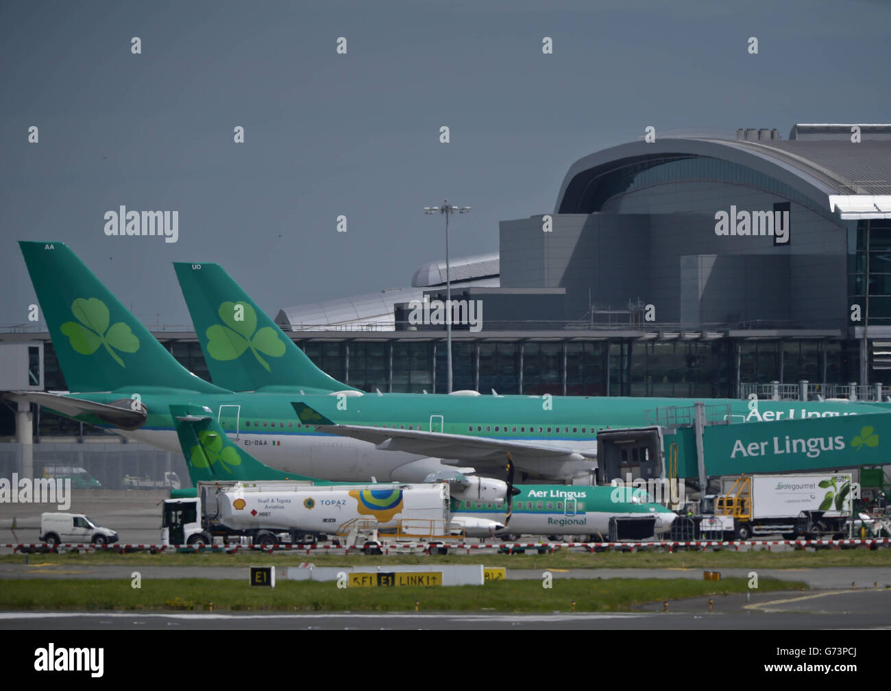 Aer Lingus planes at Dublin Airport as 200 flights have been disrupted by an Aer Lingus cabin crew strike at the start of the bank holiday weekend in Ireland. Stock Photo