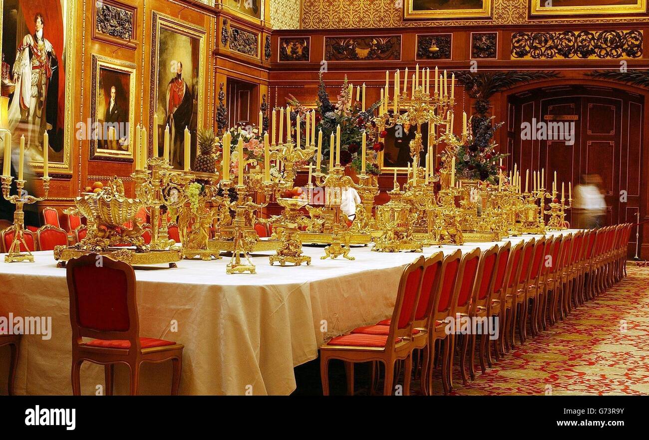 The Grand Service, the centrepiece of the Royal Collection at Windsor Castle, which went display to the public for the first time. The service was used for the Grand banquet given by Queen Victoria to Tsar Nicholas I of Russia, when he visited England in June 1844. The 50 foot banquet table is situated in the Waterloo Chamber of Windsor Castle, where the large crowds of visitors will see the impessive dinning display. Stock Photo
