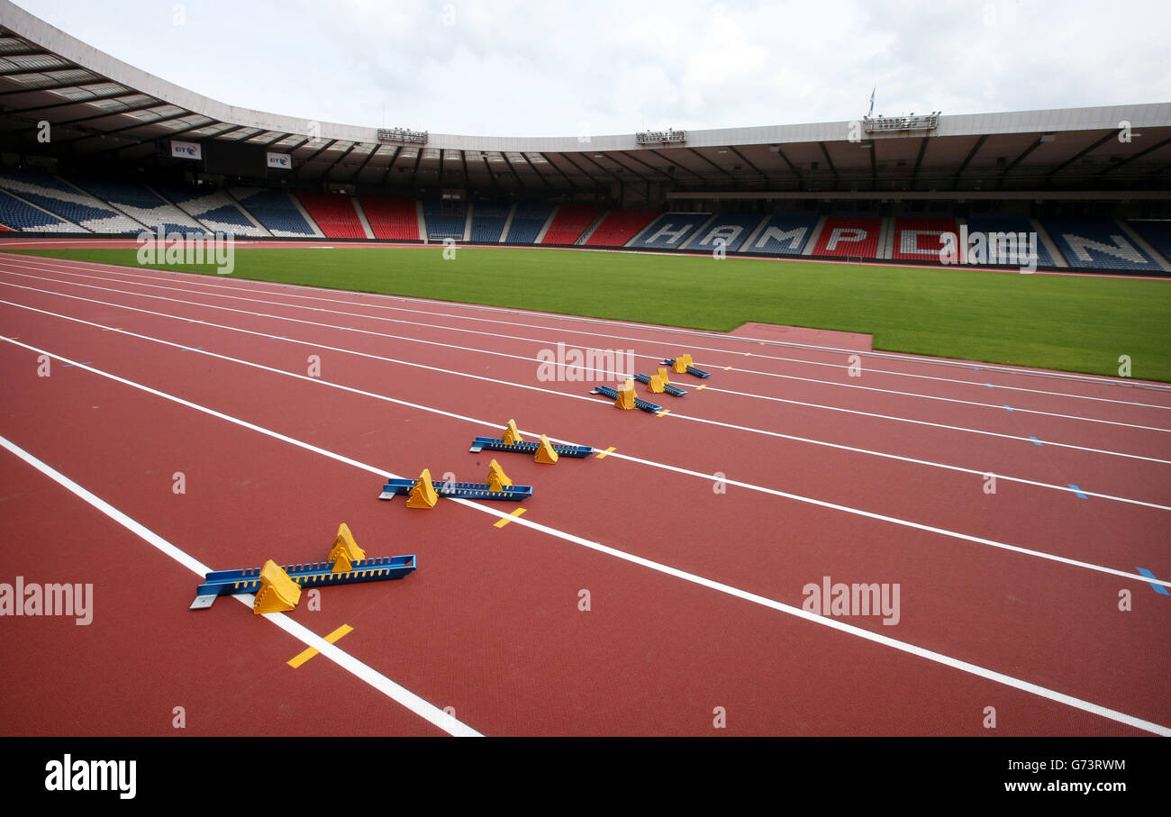 s new world-class athletics arena following the stunning transformation of Hampden Park during the photocall at Hampden Park, Glasgow. Stock Photo