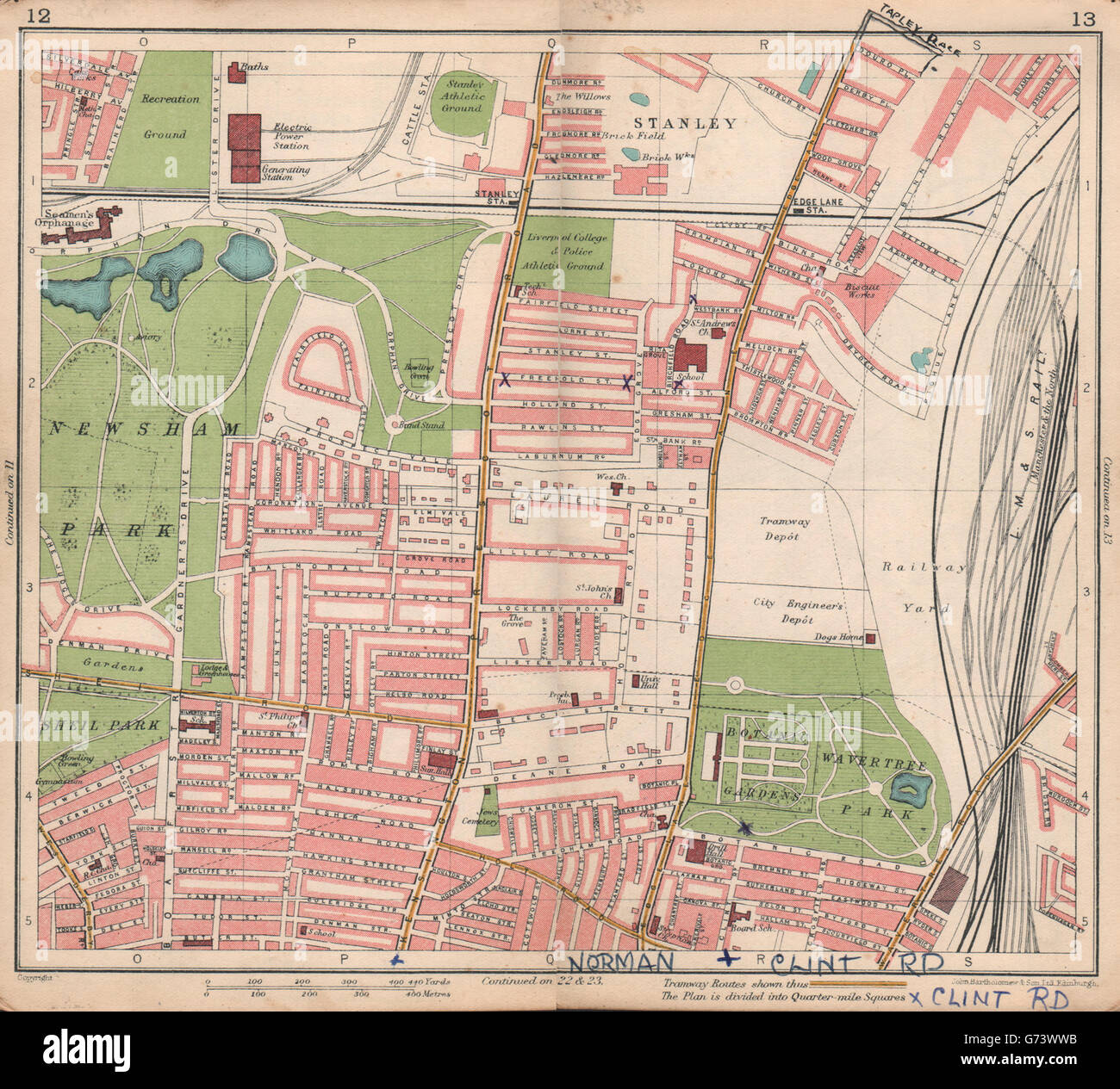 LIVERPOOL. Stanley Kensington Newsham Park Edge Lane Fairfield, 1928 old map Stock Photo