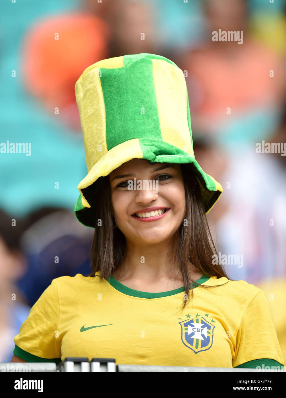 Soccer - FIFA World Cup 2014 - Group B - Spain v Netherlands - Arena Fonte Nova. A Brazil fan in the stands before kick-off Stock Photo