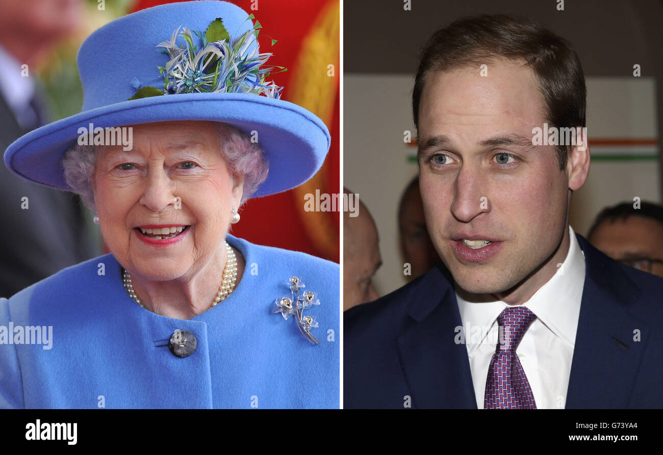 Undated file photos of Queen Elizabeth II and the Duke of Cambridge. Britons prefer Prince William to the Queen, according to an opinion poll. But both royals are significantly more popular than the UK's best-known politicians. Stock Photo