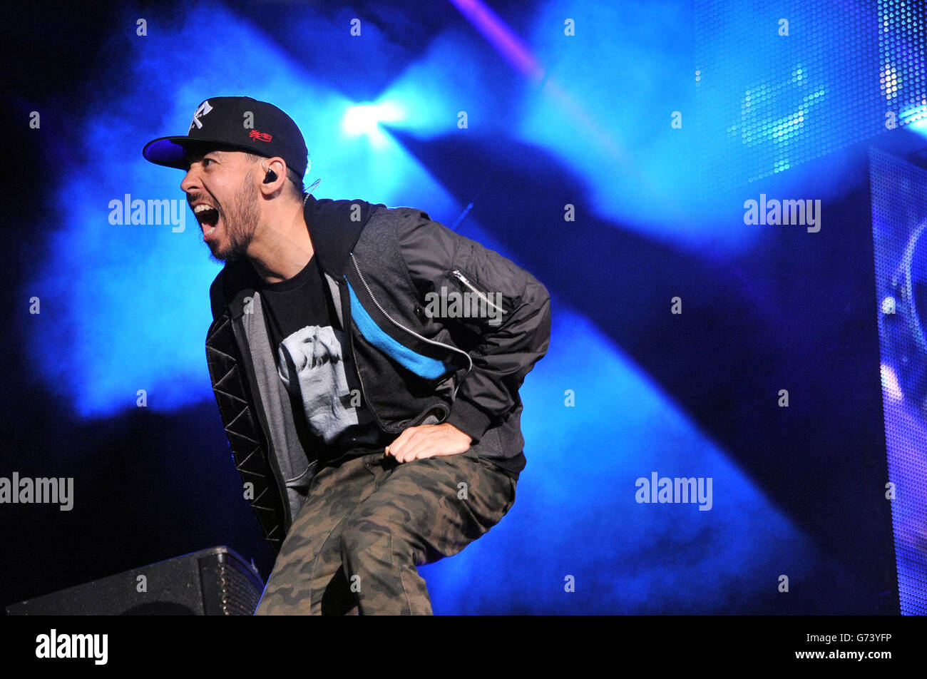 Download Festival 2014 - Day Two - Donington Park. Mike Shinoda of Linkin Park performs during day two of the 2014 Download Festival at Donington Park. Stock Photo