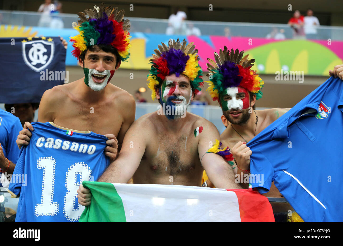 Italy fans cheer on their side in the stands before the FIFA World Cup, Group D match at the Arena da Amazonia, Manaus, Brazil. Stock Photo