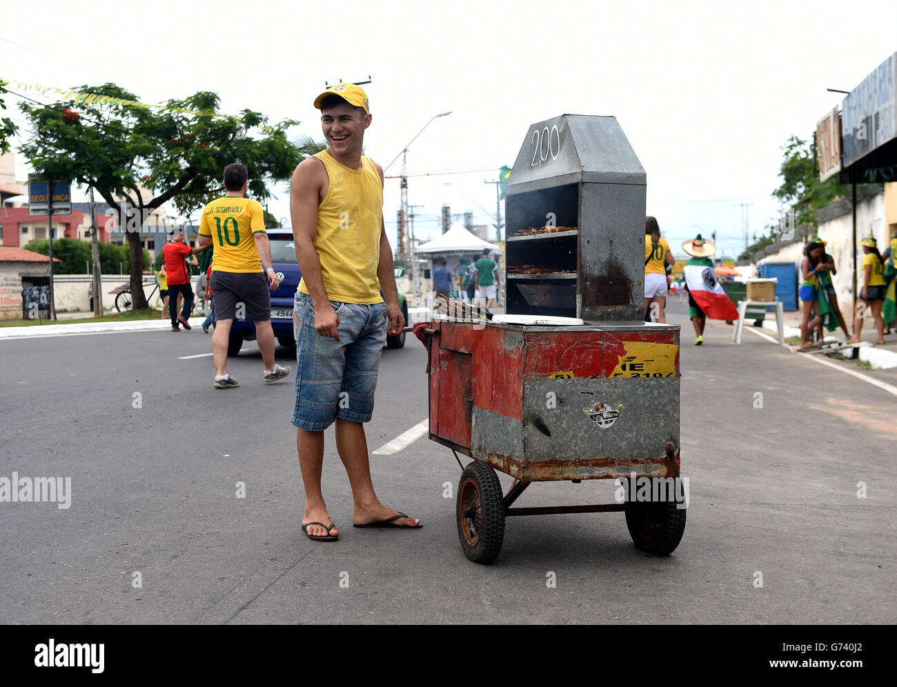 A Brazil fan street vendor on the streets of Fortaleza Stock Photo