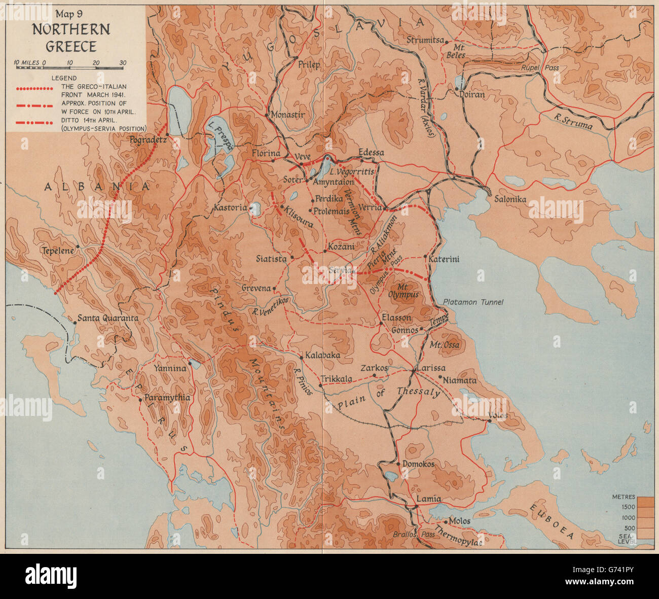OPERATION MARITA 1941. Northern Greece. World War 2, 1956 vintage map Stock Photo