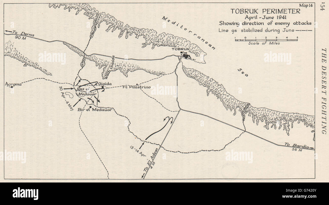 NORTH AFRICAN CAMPAIGN. Tobruk perimeter April-June 1941. Axis attacks, 1956 map Stock Photo